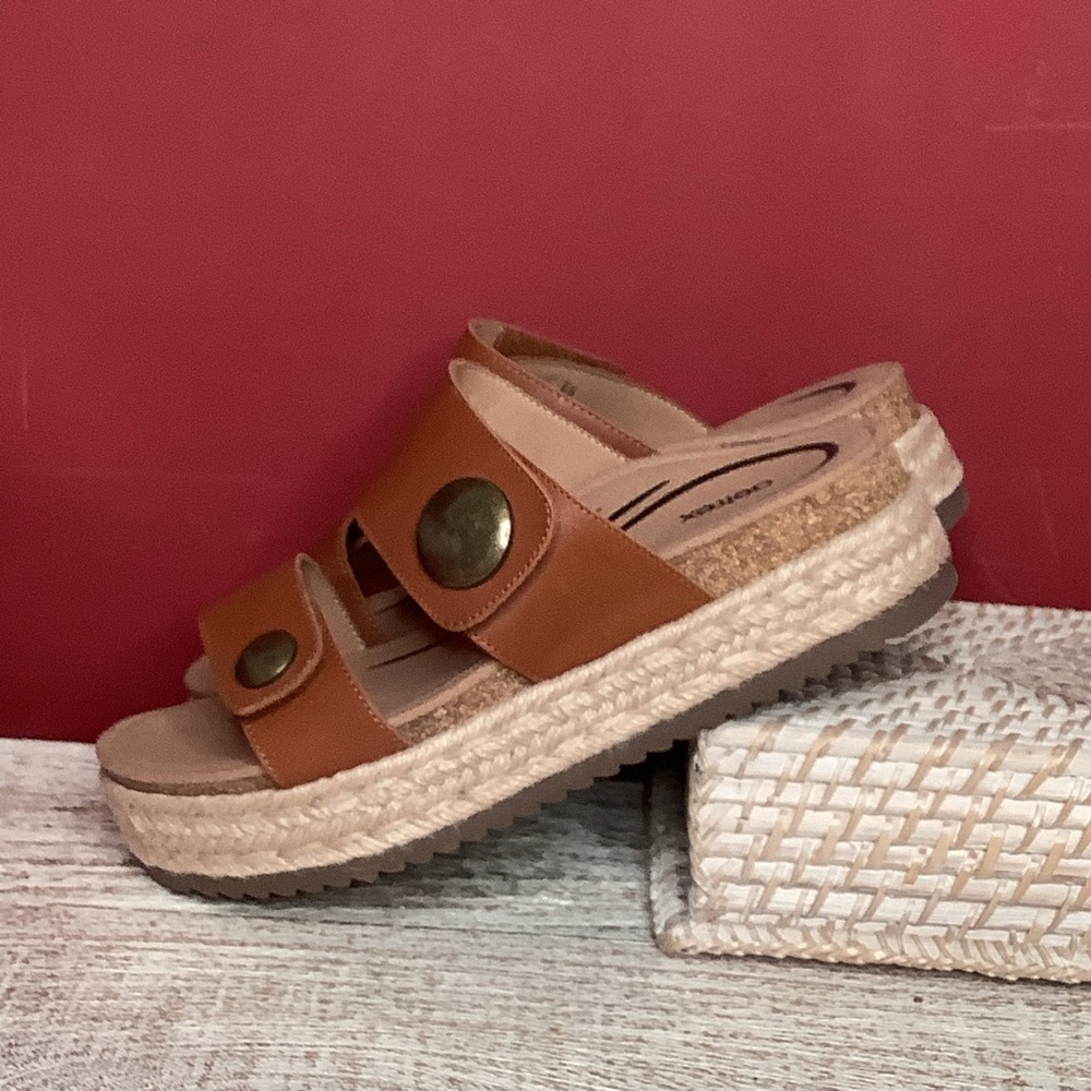 AETREX Sofie Cognac Leather Platform Sandals Jute Trim Arch Support Memo… - Picture 14 of 16